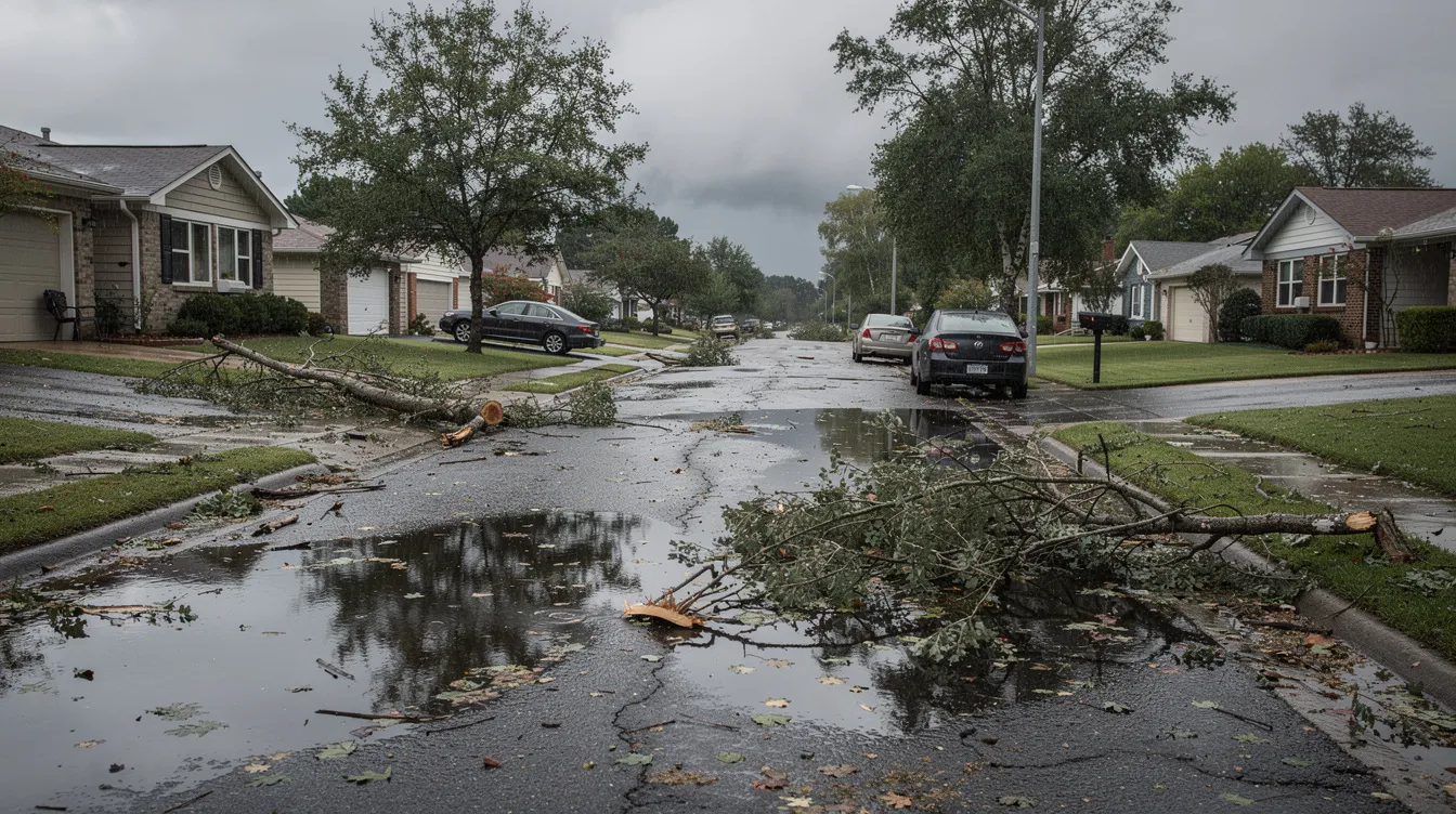 The image depicts a residential street littered with fallen tree branches and standing water on the road, indicating the aftermath of a severe storm. Caution is advised due to potential hazards like downed power lines and flooded areas, as well as the presence of wild or stray animals that may have been displaced.