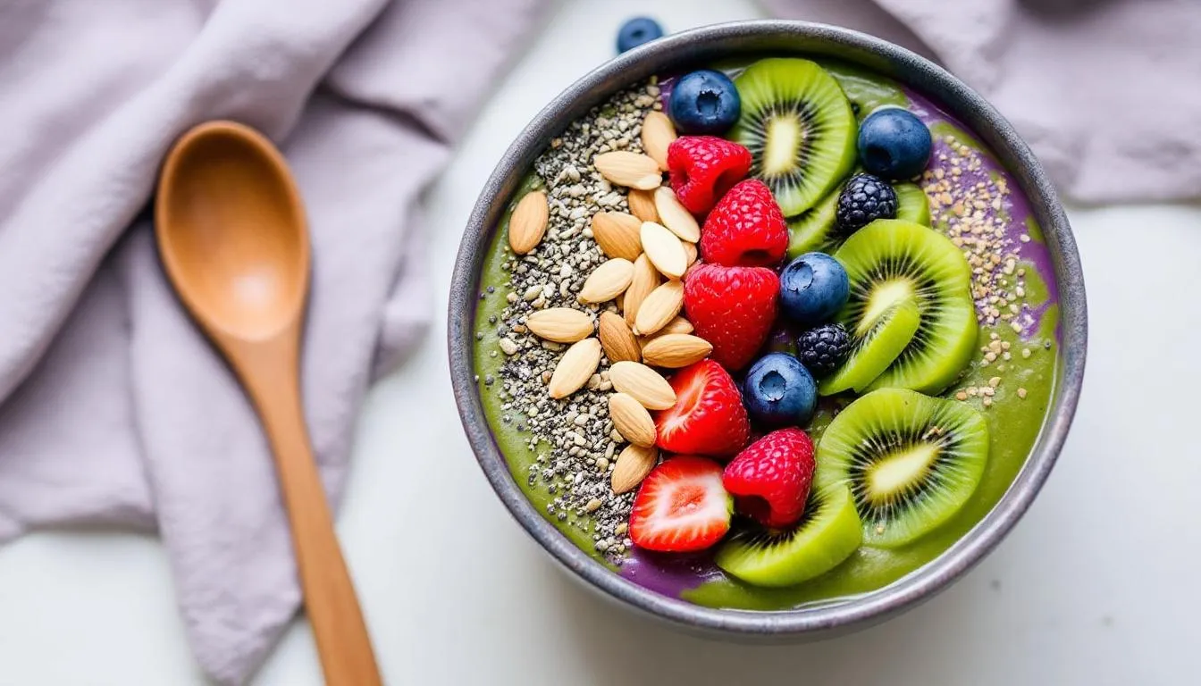 A vibrant smoothie bowl filled with a creamy blend of fresh fruit, topped with an assortment of fresh berries, nuts, and seeds, sits next to a wooden spoon, creating a delicious and healthy breakfast option. This colorful dish is packed with nutritional value and perfect for satisfying sweet cravings.