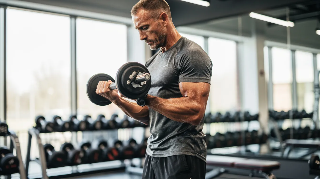 The image depicts a fit man in his 40s lifting moderate dumbbells in a well-lit gym, showcasing his muscle strength and commitment to fitness. This scene highlights the importance of exercise in boosting testosterone levels naturally and enhancing overall health.