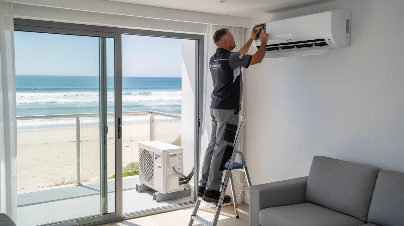 The image depicts a technician performing aircon servicing and maintenance at a coastal property in Melkbosstrand, Cape Town. The technician is using a regas machine to ensure the air conditioning system is functioning efficiently, addressing any visible leaks and preparing for necessary repair work to improve performance.