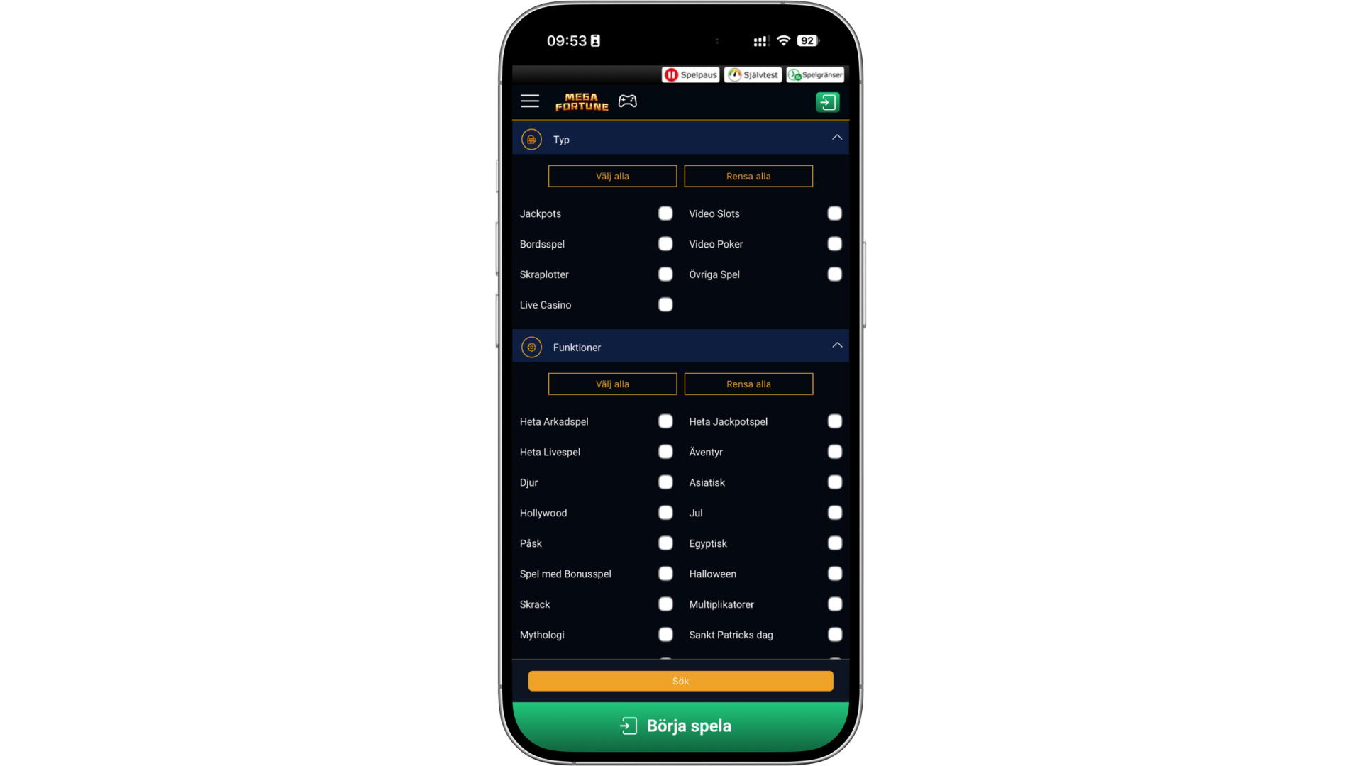 Mega Fortune casino i mobilen med filter för slots, jackpottspel och live casino
