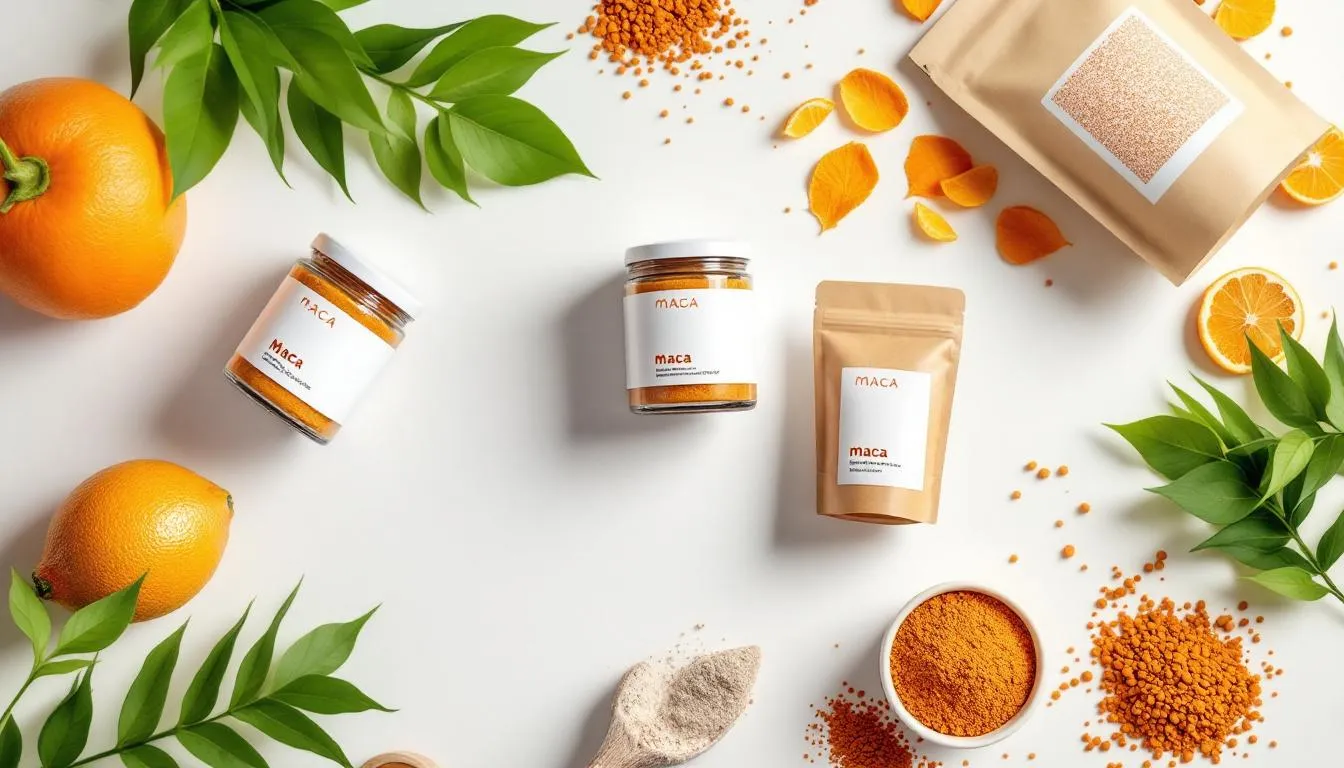 Einkaufstipps für Maca Produkte mit verschiedenen Verpackungen im Hintergrund.