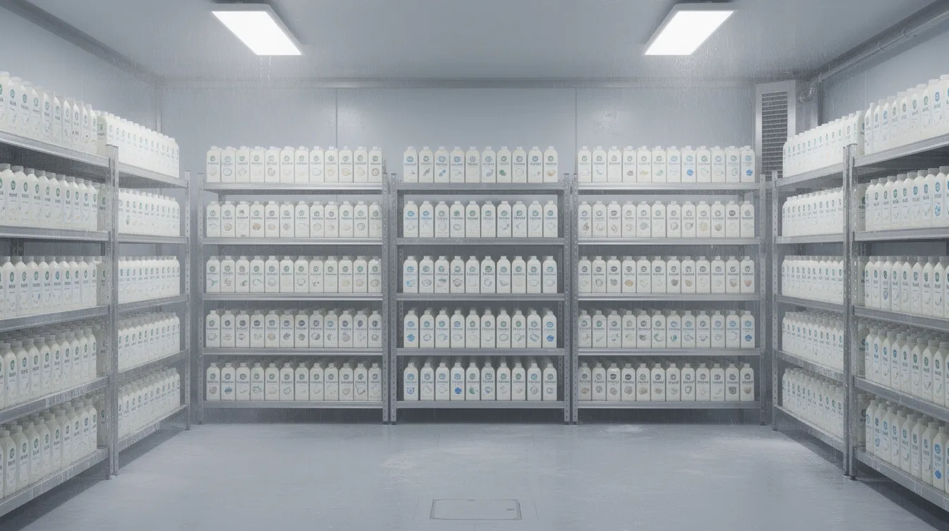 9c51e63b ed97 419b 8fcf 7d611f9ccdd0 The image depicts a refrigerated storage room filled with neatly stacked packaged dairy beverage cartons, likely containing lassi and other fermented dairy products. The organized storage reflects hygienic production practices essential in a lassi processing plant, ensuring product quality and freshness for efficient distribution.