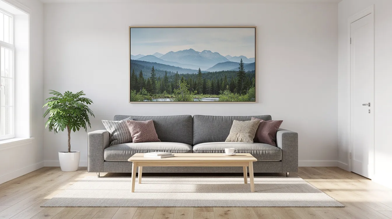 I bilden syns ett ljust och modernt skandinaviskt vardagsrum med en stor naturmotiv tavla hängande ovanför en grå soffa. Rummet har en luftig känsla och konstverket bidrar med färg och liv till inredningen.