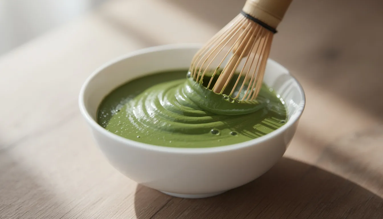In einer kleinen weißen Schüssel wird leuchtend grüne Matcha-Paste mit einem Schneebesen angerührt, während der zarte Duft von Matcha-Grüntee in der Luft liegt. Diese Zubereitung ist ein wichtiger Schritt für die Herstellung eines köstlichen Matcha-Cheesecakes.