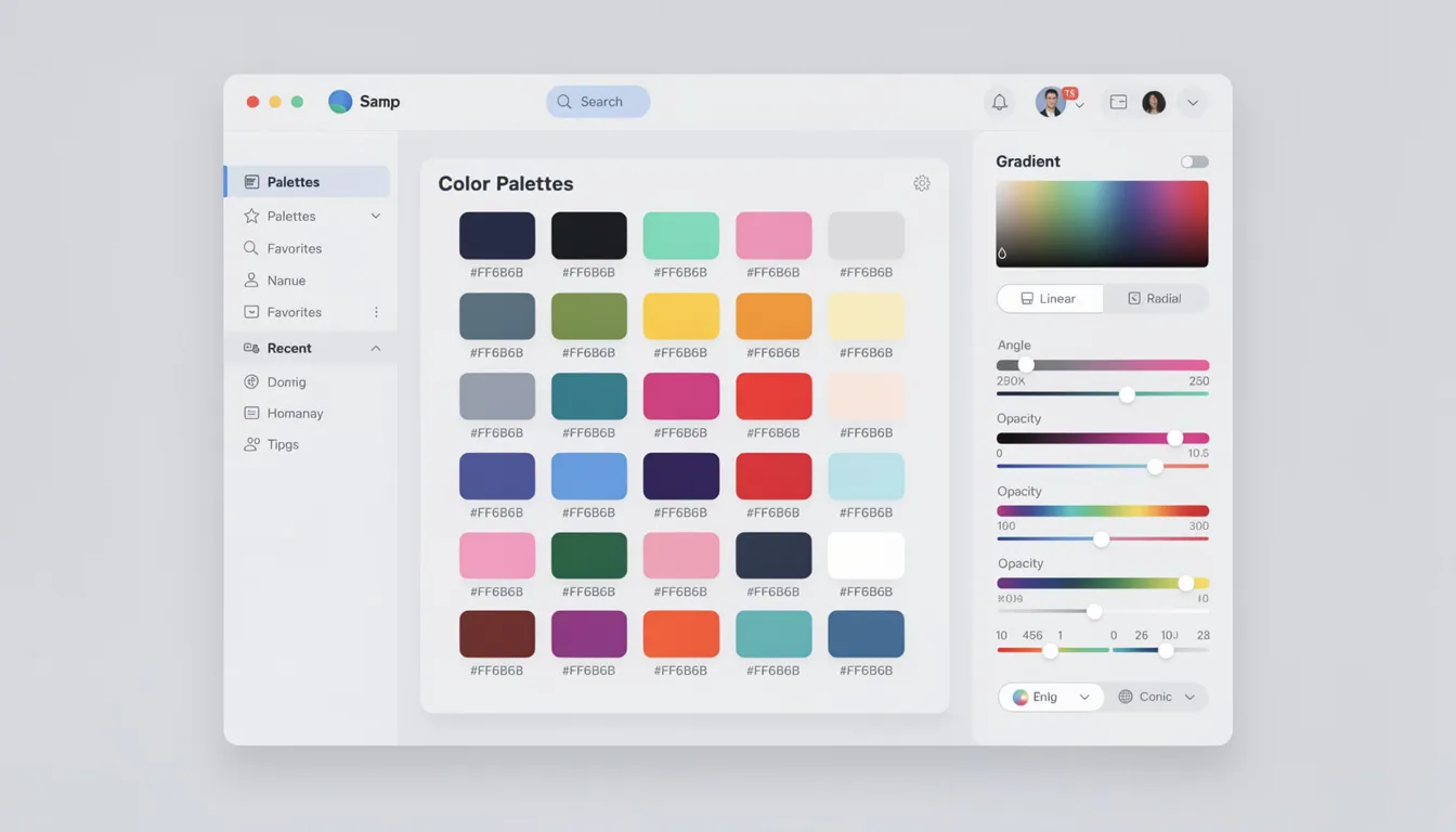 The image displays a user-friendly design interface featuring a color palette selection and gradient options, ideal for customizing professional business card designs. Users can easily create stunning business cards with just a few clicks, utilizing various color and layout variations to match their brand identity.