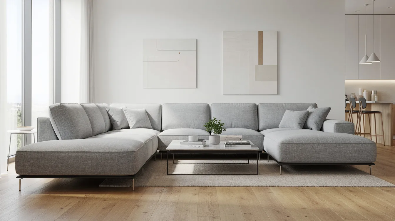 En stor modulär italiensk soffa i ljusgrått tyg står i ett öppet vardagsrum, vilket skapar en elegant och modern atmosfär. Soffan, som är en del av italiensk design, erbjuder både stil och komfort, perfekt för avkoppling i hemmet.