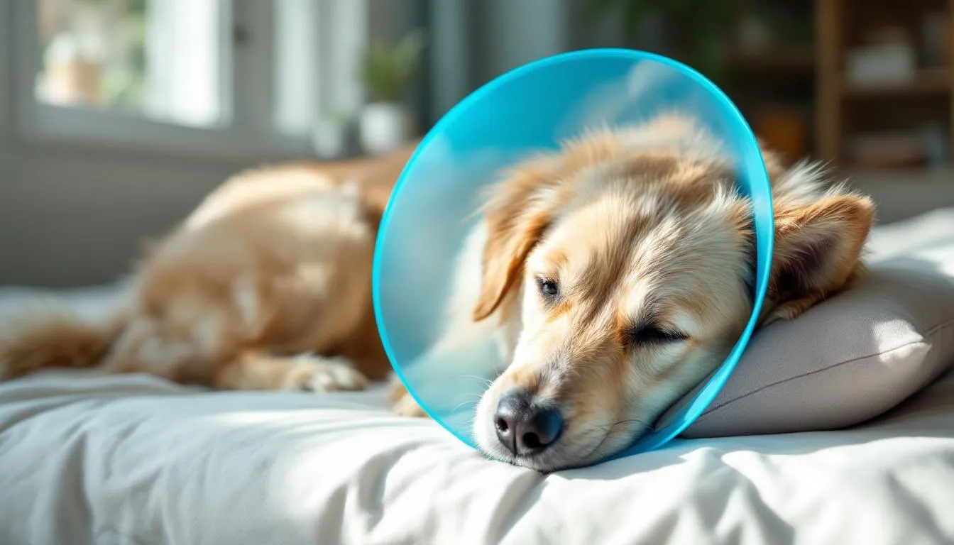 A calm dog is resting comfortably on a bed while wearing an Elizabethan collar, indicating a peaceful recovery from an ear hematoma. The dog