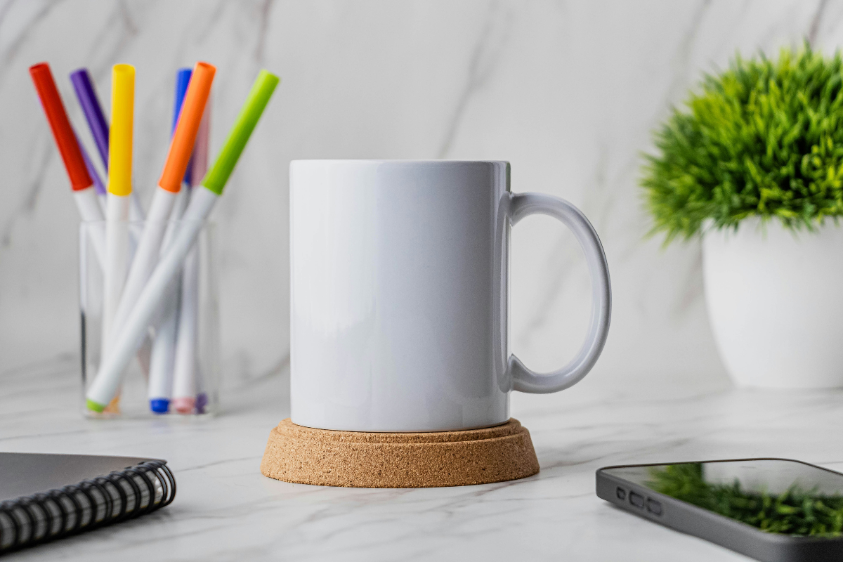 Personalized desk accessories for teachers, including mugs and sticky notes.