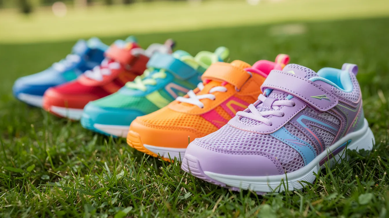 The image features a row of several colorful kids running shoes arranged neatly on a grassy surface, showcasing their lightweight design and cushioned midsoles, perfect for young runners. Each pair reflects a variety of styles and colors, ideal for very young kids engaging in outdoor activities.