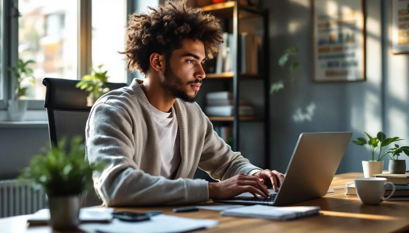 En la imagen, una persona está trabajando en su computadora, concentrada en desarrollar una estrategia de redes sociales, rodeada de gráficos que muestran datos y tendencias. Este ambiente refleja la planificación de un evento de inauguración de un negocio, donde se busca captar la atención del público objetivo y atraer a los clientes a través de contenido atractivo.