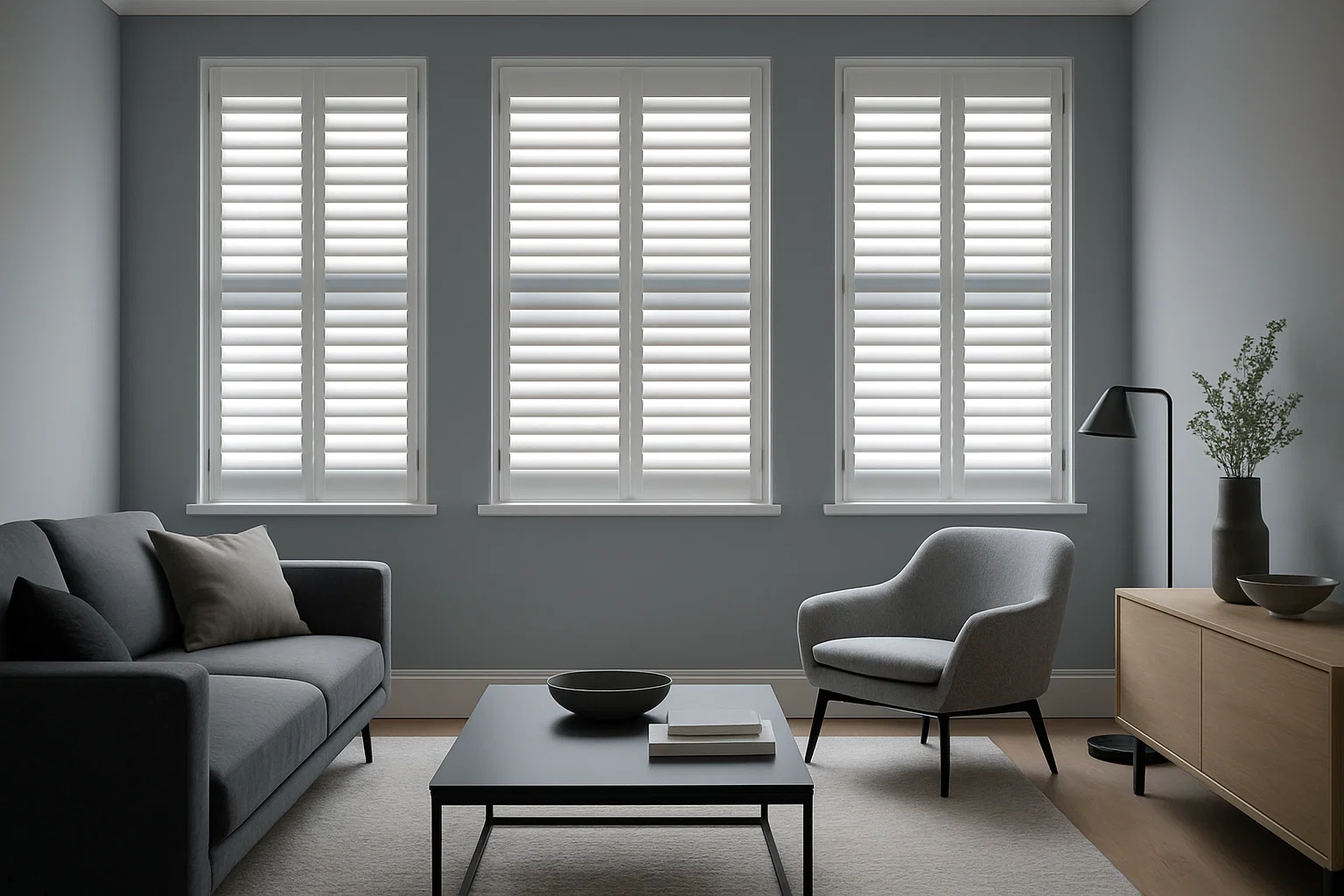 Cool grey wall paired with white plantation shutters in a modern UK living room
