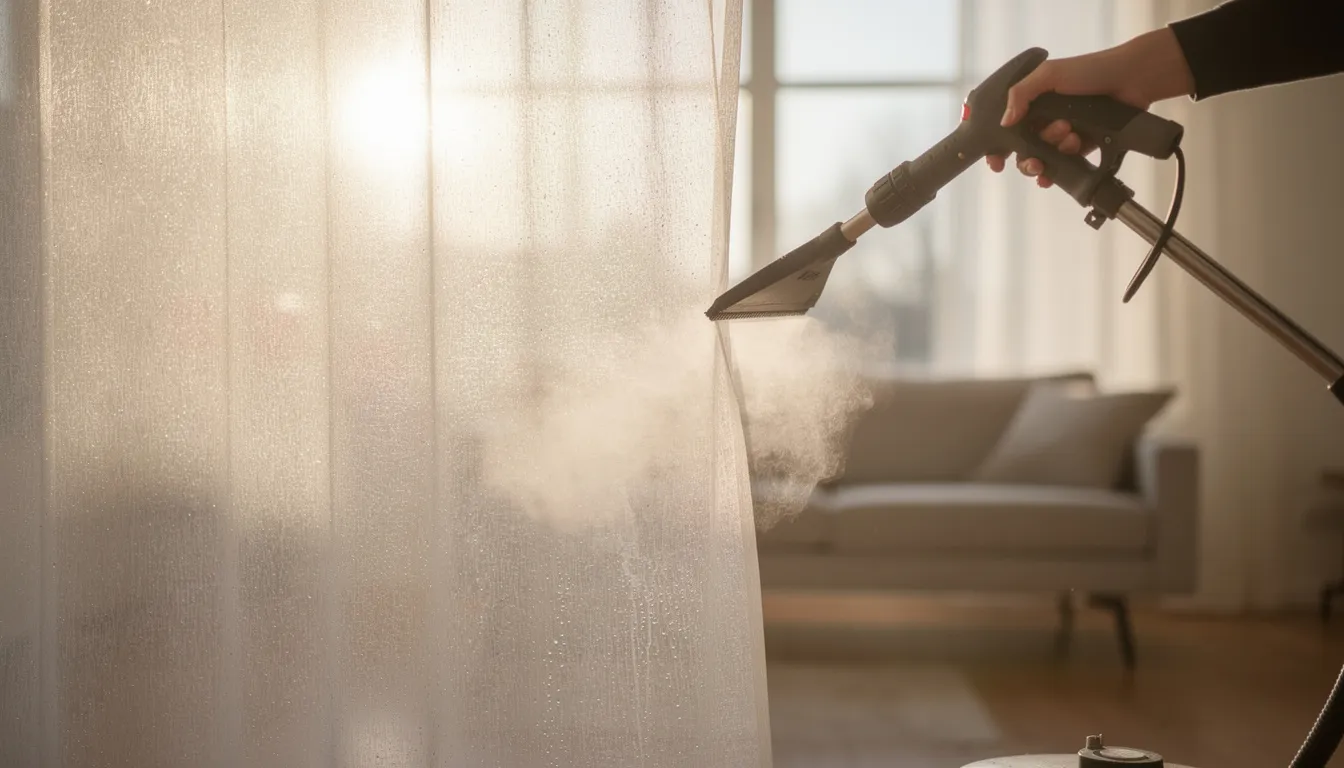 A professional cleaning team is using steam cleaning equipment on sheer white curtains, with sunlight streaming through the window, showcasing the effectiveness of curtain cleaning services in Dubai. This method helps to eliminate dust and allergens, ensuring a healthier living space.