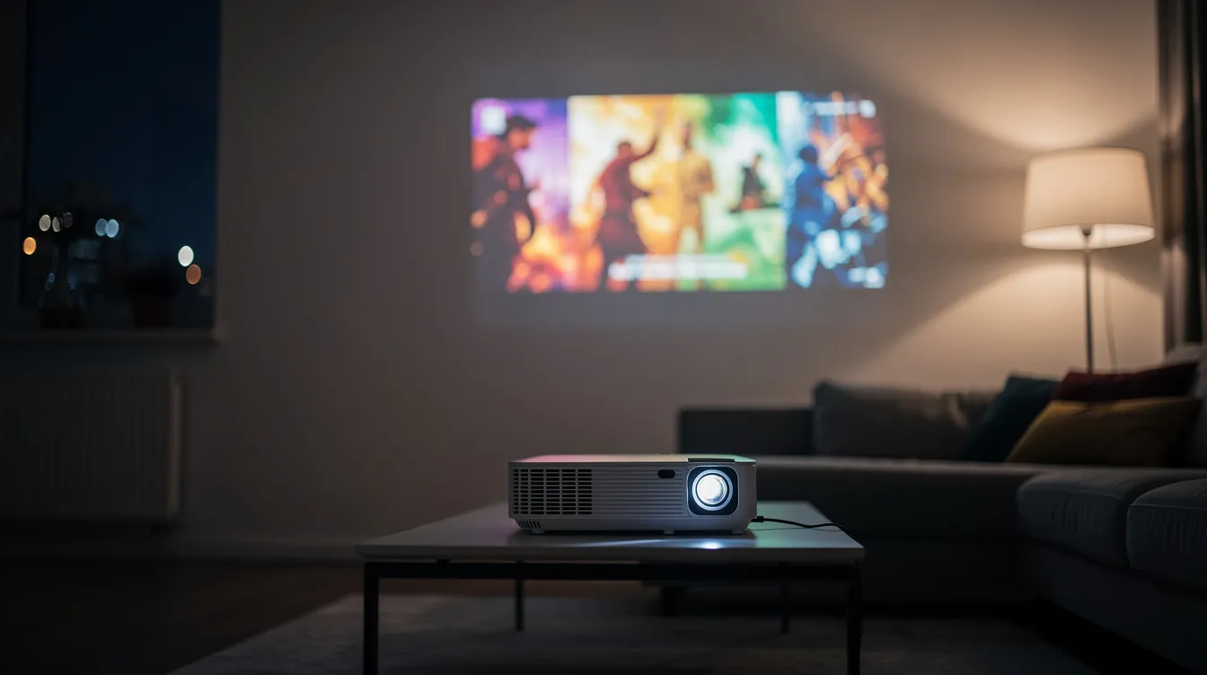 A compact movie projector is casting a vibrant scene from a film onto a white wall in a dimly lit living room, creating a cozy atmosphere for viewing. The setup includes a remote control nearby, highlighting the projector's convenient compatibility with multiple devices for streaming videos from platforms like YouTube and Google TV.