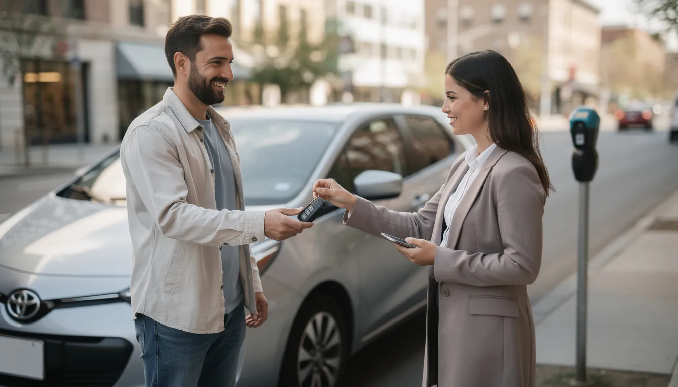 Deux personnes se rencontrent pour échanger des clés de voiture lors d'une location entre particuliers, illustrant la confiance et la simplicité du processus de location. Cette interaction pourrait être couverte par une assurance responsabilité civile pour protéger contre les dommages matériels causés au véhicule pendant le voyage.