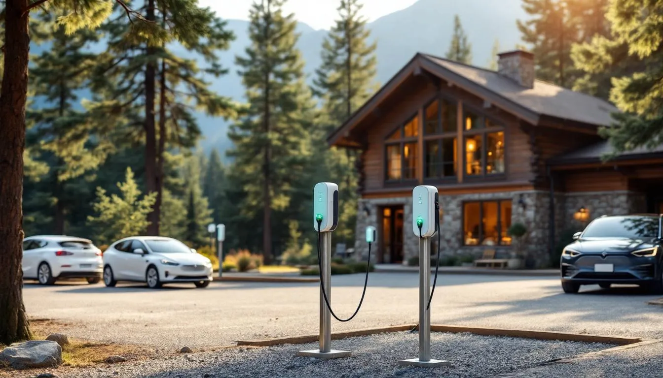 An electric vehicle charging station is located in the parking area of Cedar Breaks Lodge, surrounded by scenic mountain views typical of the Brian Head Ski Resort region. This convenient amenity supports eco-friendly travel for guests visiting the beautiful Cedar Breaks National Monument and nearby attractions.