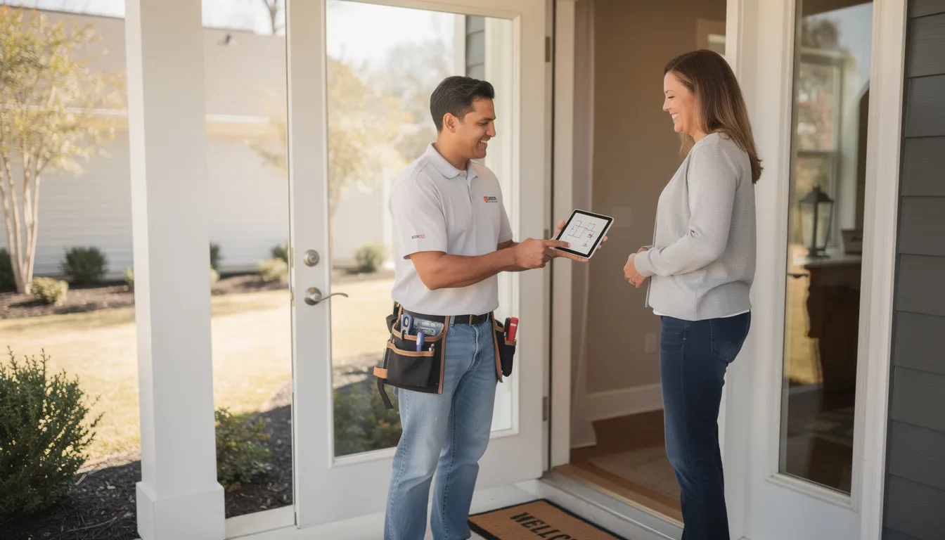 A friendly technician stands at the front door, explaining the details of DSTV installation services to a homeowner. The technician is equipped with tools and a DSTV decoder, ready to provide professional installation and repair services for optimal signal reception in Constantia.