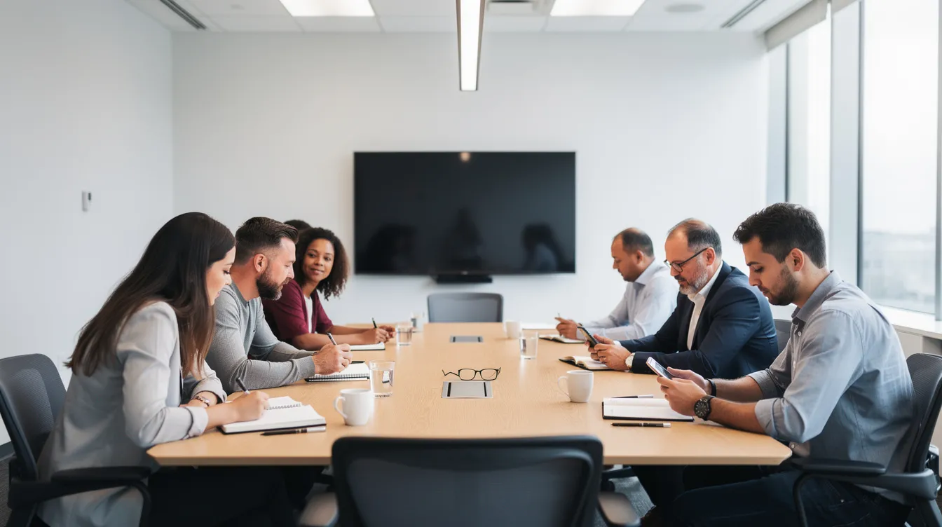Une salle de réunion est occupée par plusieurs personnes, certaines engagées dans une discussion active tandis que d'autres se concentrent sur leurs téléphones ou ordinateurs. Cette scène illustre les défis de la collaboration et de l'intelligence collective en entreprise, où la prise de décision et l'émergence d'idées peuvent être entravées par des obstacles à l'interaction.