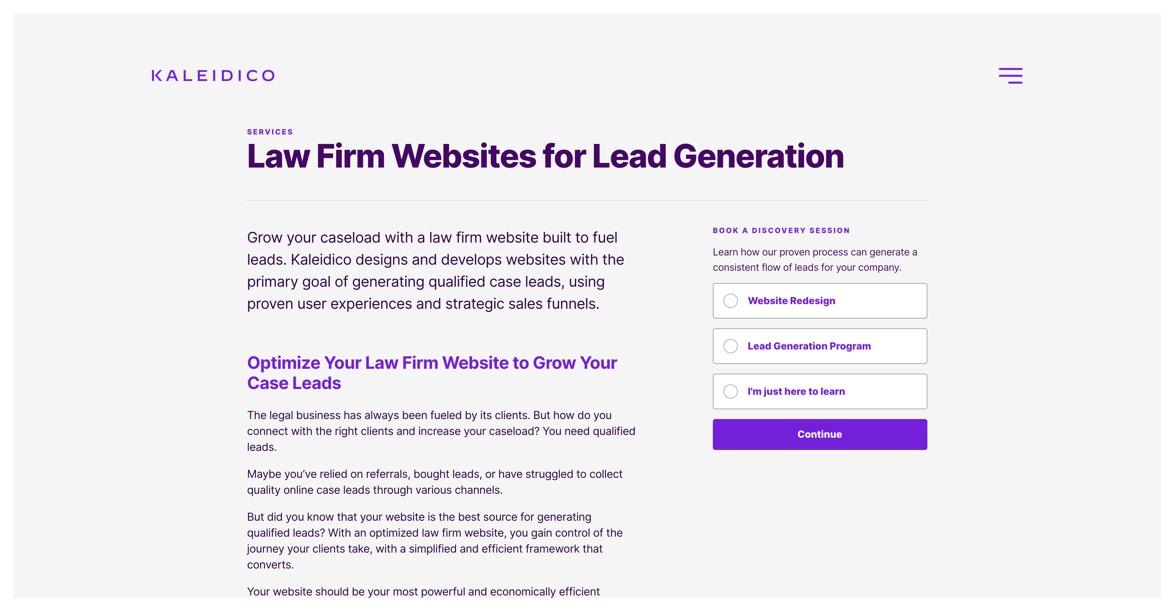 Kaleidico's law firm website for lead generation landing page.