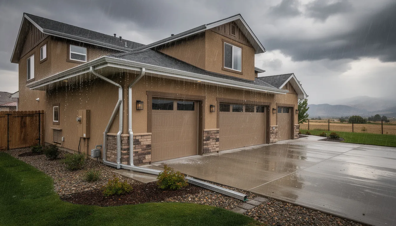 A Southern Colorado home is shown with quality seamless gutters effectively directing heavy rainfall away from the foundation, preventing potential water damage. The image highlights the importance of a reliable gutter system for both residential and commercial properties, ensuring customer satisfaction through routine maintenance and gutter services.