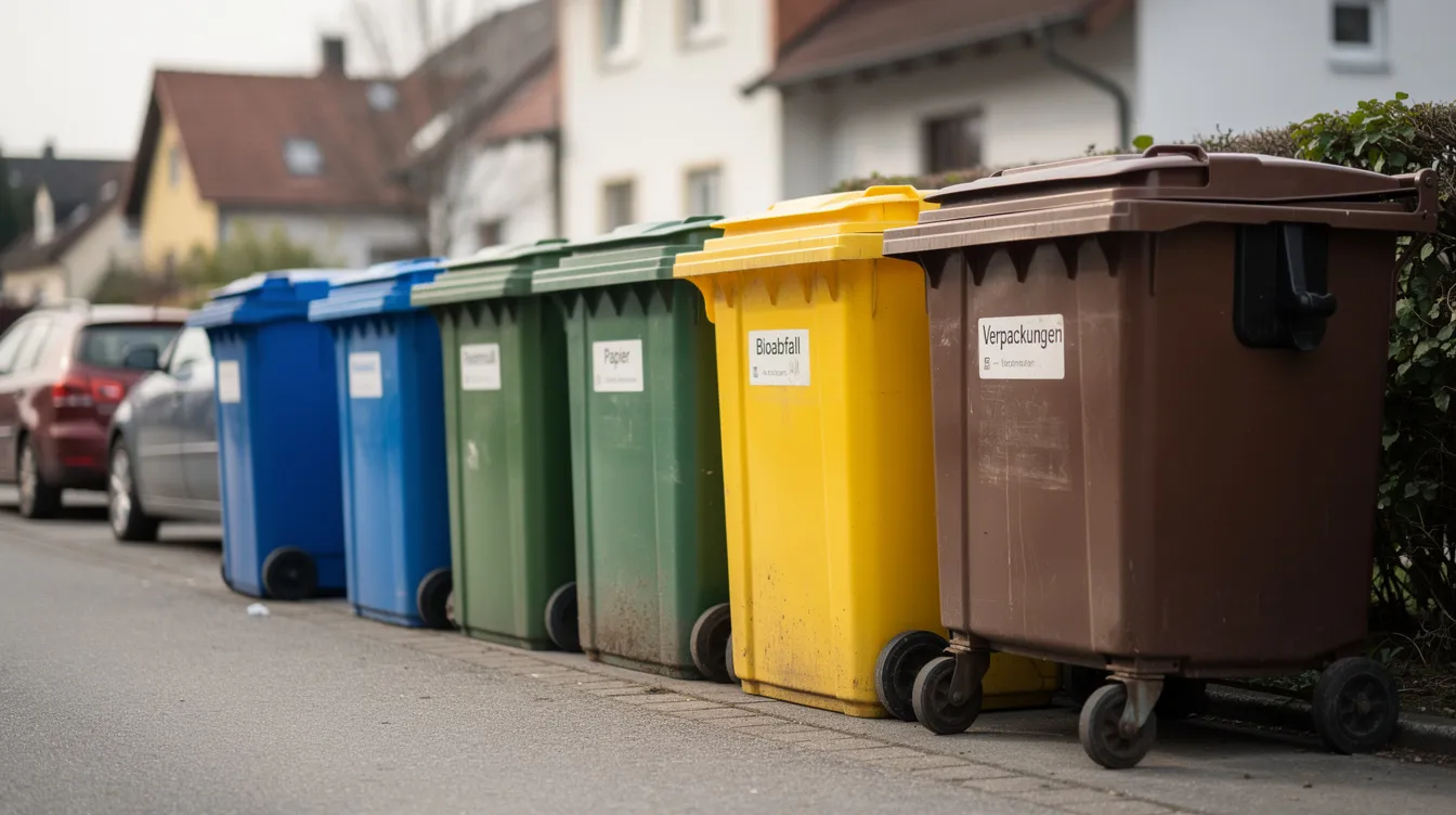Auf der Straße sind mehrere farbige Mülltonnen in einer Reihe aufgestellt, die für die Mülltrennung genutzt werden. Jede Tonne ist mit einem Recycling-Symbol gekennzeichnet, das darauf hinweist, welches Material wie Papier, Kunststoff oder Metalle dort entsorgt werden kann, um eine umweltfreundliche Entsorgung zu fördern.