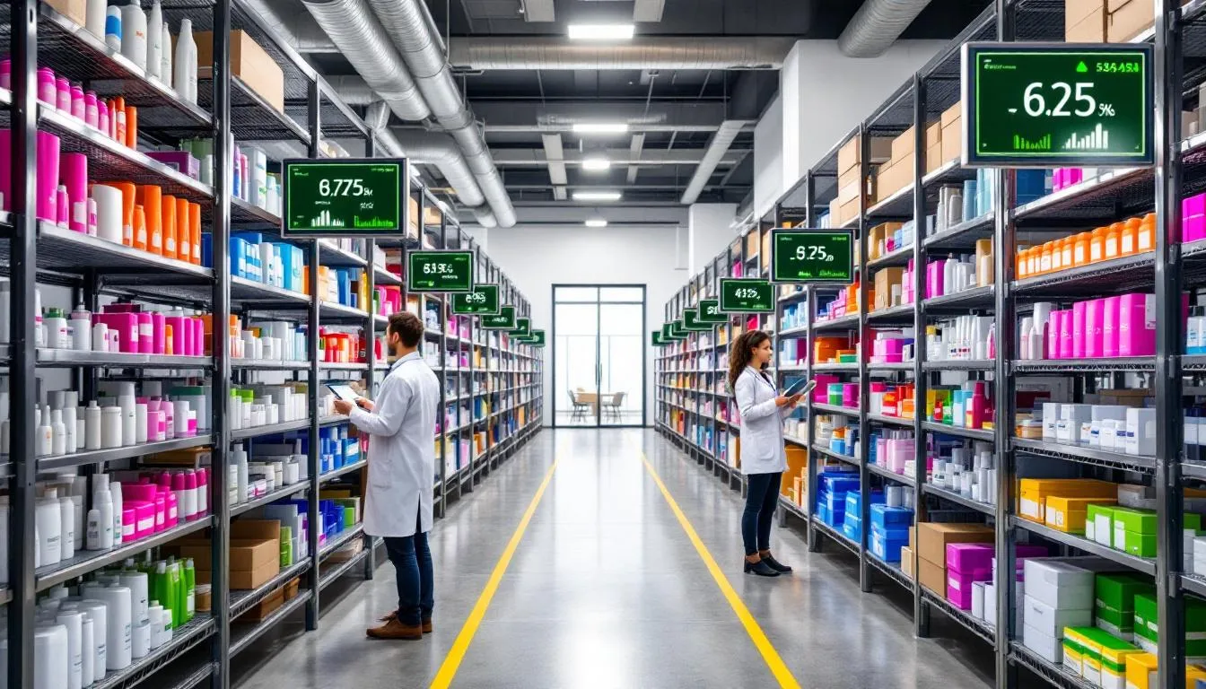 Imagen de un almacén de productos de belleza organizado, donde se pueden ver estanterías llenas de diversos productos. También se observa un sistema de inventario digital que facilita la gestión de los artículos para salones de belleza y asegura la satisfacción de los clientes.