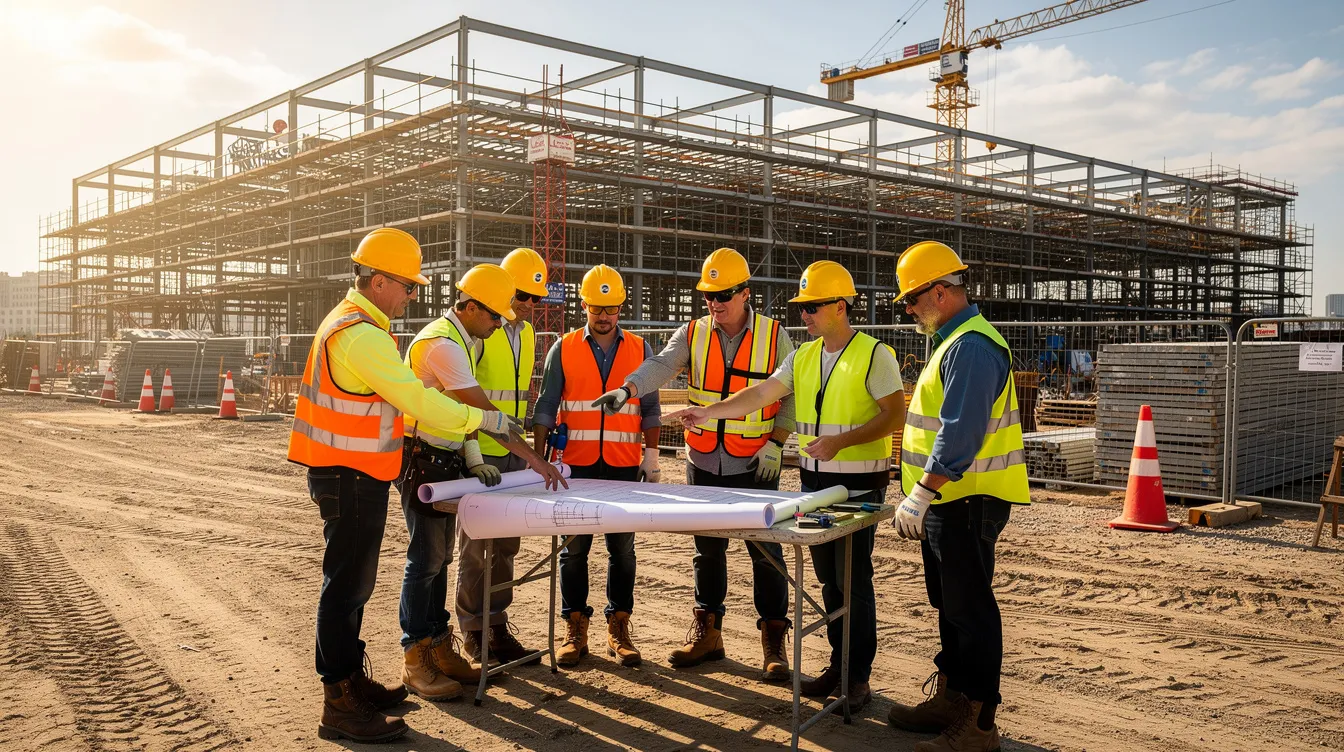 A group of construction workers wearing hard hats and safety vests are collaborating at a large commercial building site, discussing plans and coordinating tasks for the complex project. This teamwork exemplifies the importance of joint ventures in the construction industry, where partners combine resources and expertise to successfully manage large-scale projects.