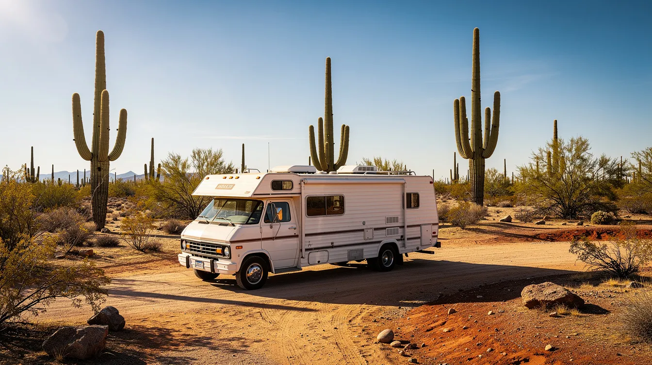 An RV is parked under the bright desert sun, surrounded by tall saguaro cacti, showcasing a typical Arizona campground scene. This image captures the essence of RV life in Tucson, where mobile RV service and reliable cooling are essential for comfort in the heat.