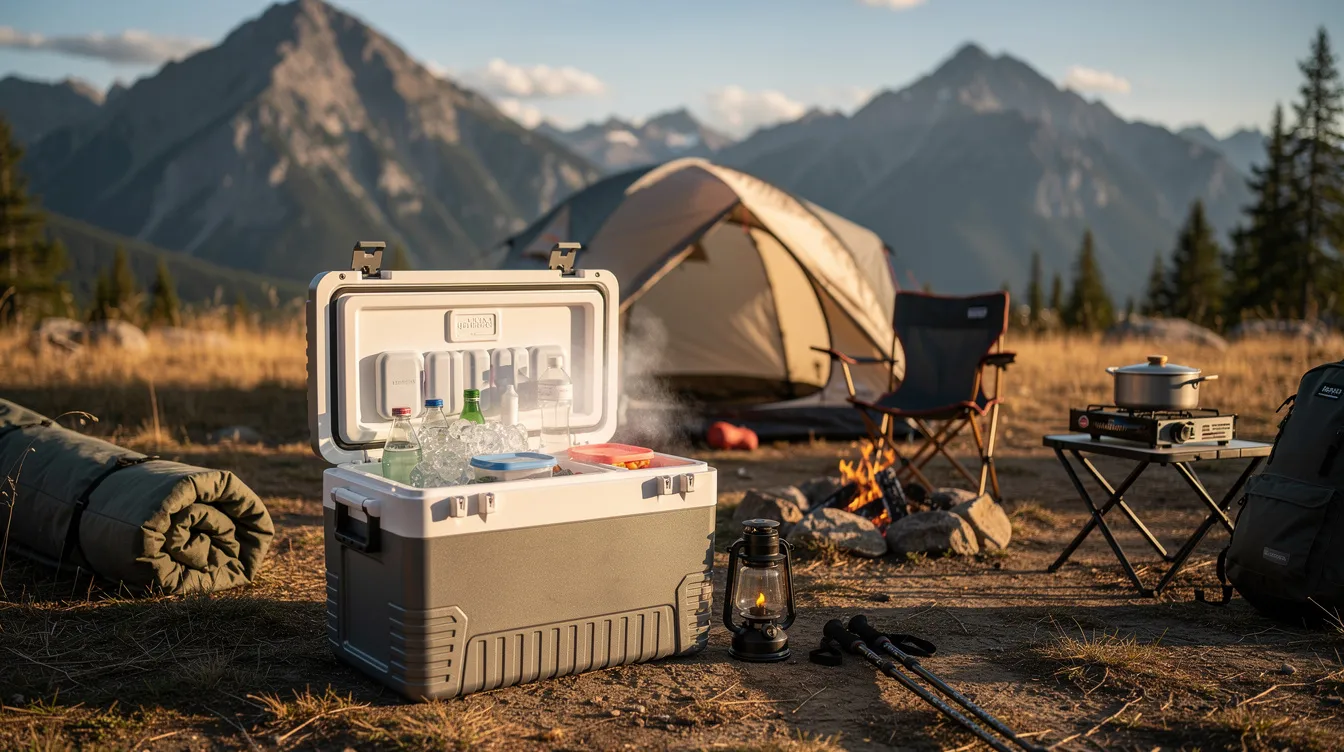 The image depicts a portable freezer cooler open at a picturesque campsite, surrounded by camping gear and with majestic mountains in the background. This electric cooler, ideal for outdoor adventures, showcases its dual zone design for precise temperature control, ensuring drinks and food remain cold during weekend trips.