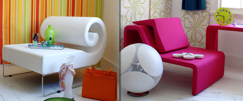 Pop style embraces eclectic design with bold colours and patterns, uniquely shaped furniture styles and contemporary art.