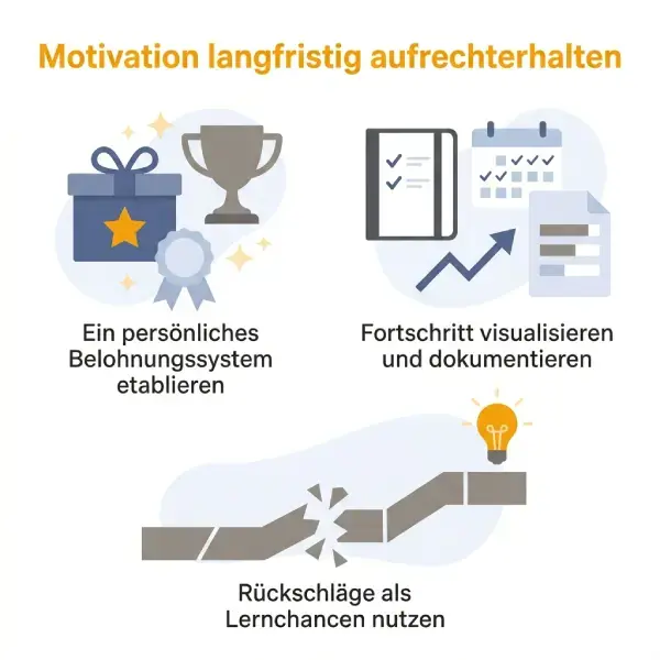 Infografik mit dem Titel „Motivation langfristig aufrechterhalten“. Drei Symbole zeigen Strategien: 1. Ein Belohnungssystem (Geschenk & Pokal), 2. Fortschritt visualisieren (Notizbuch & Kalender), 3. Rückschläge als Lernchancen nutzen (eine reparierte Brücke mit Glühbirne).