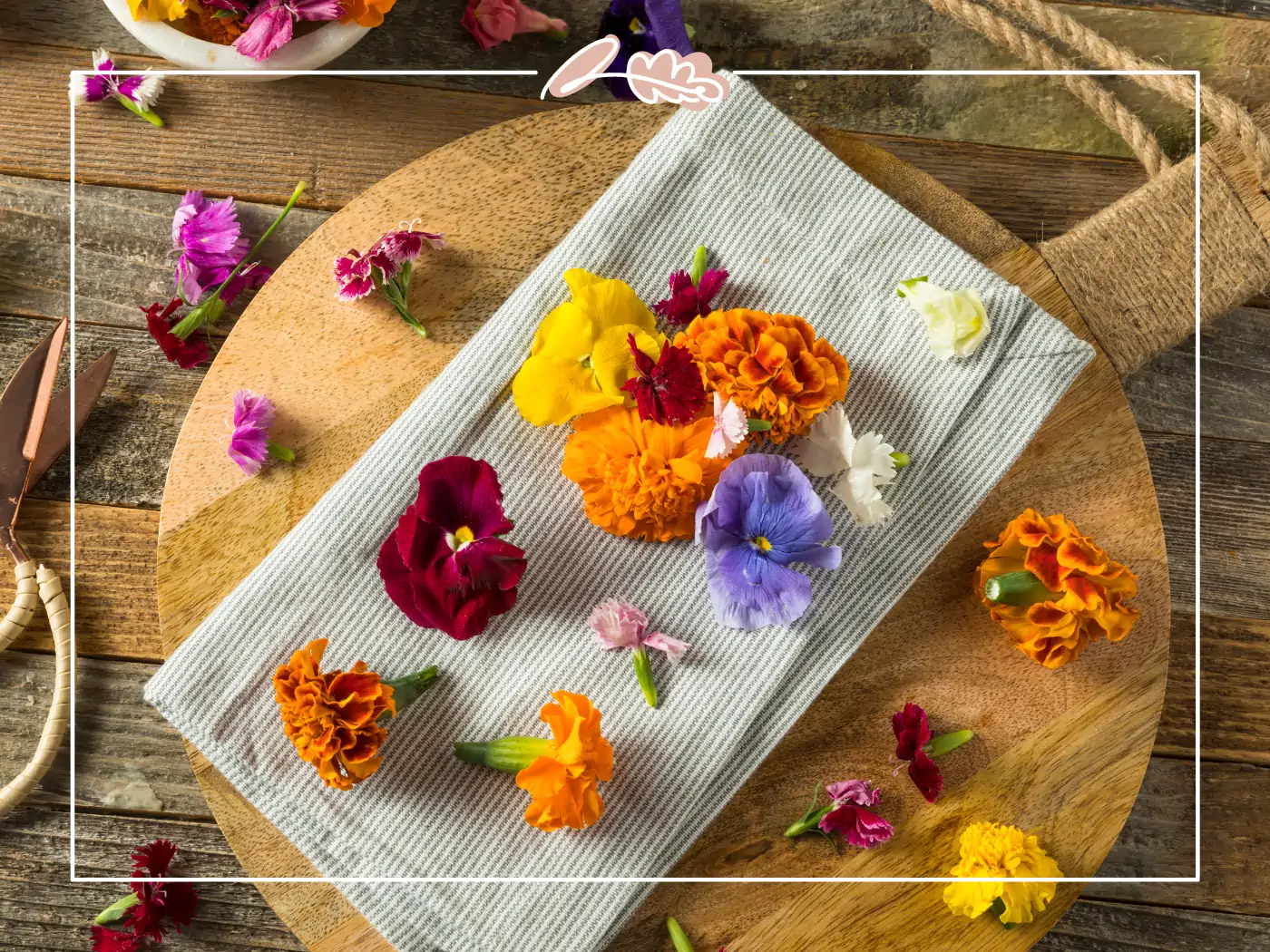 Assorted colorful edible flowers placed on a napkin. Fabulous Flowers and Gifts.