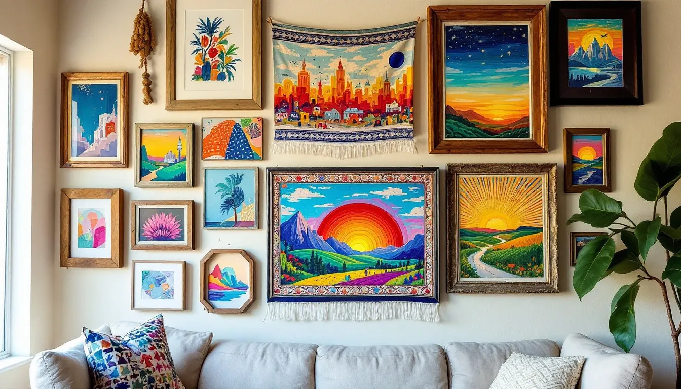 A vibrant gallery wall showcasing local art and artwork from local artists.
