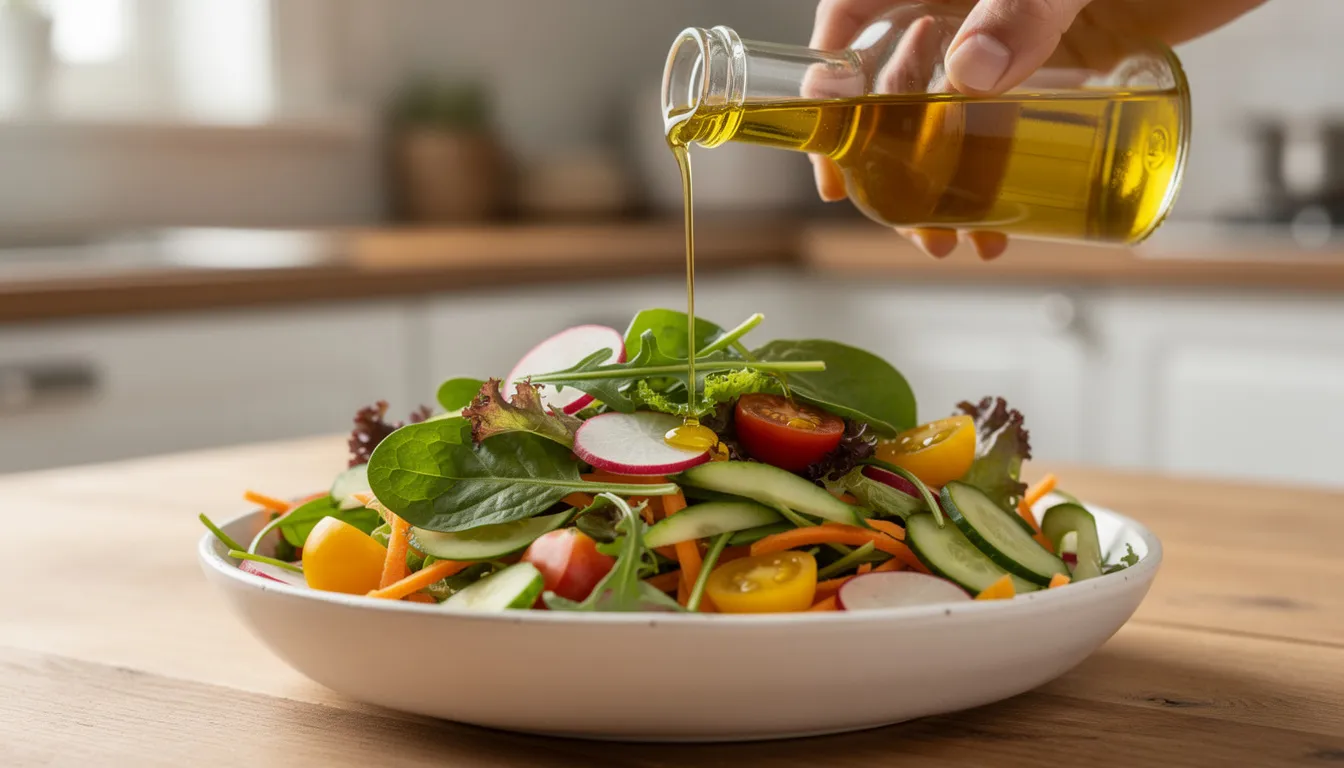 A vibrant salad featuring a mix of fresh greens is being drizzled with golden macadamia nut oil from a small bottle, highlighting the healthy benefits of incorporating nutritious oils into your diet for improved skin hydration and overall longevity.