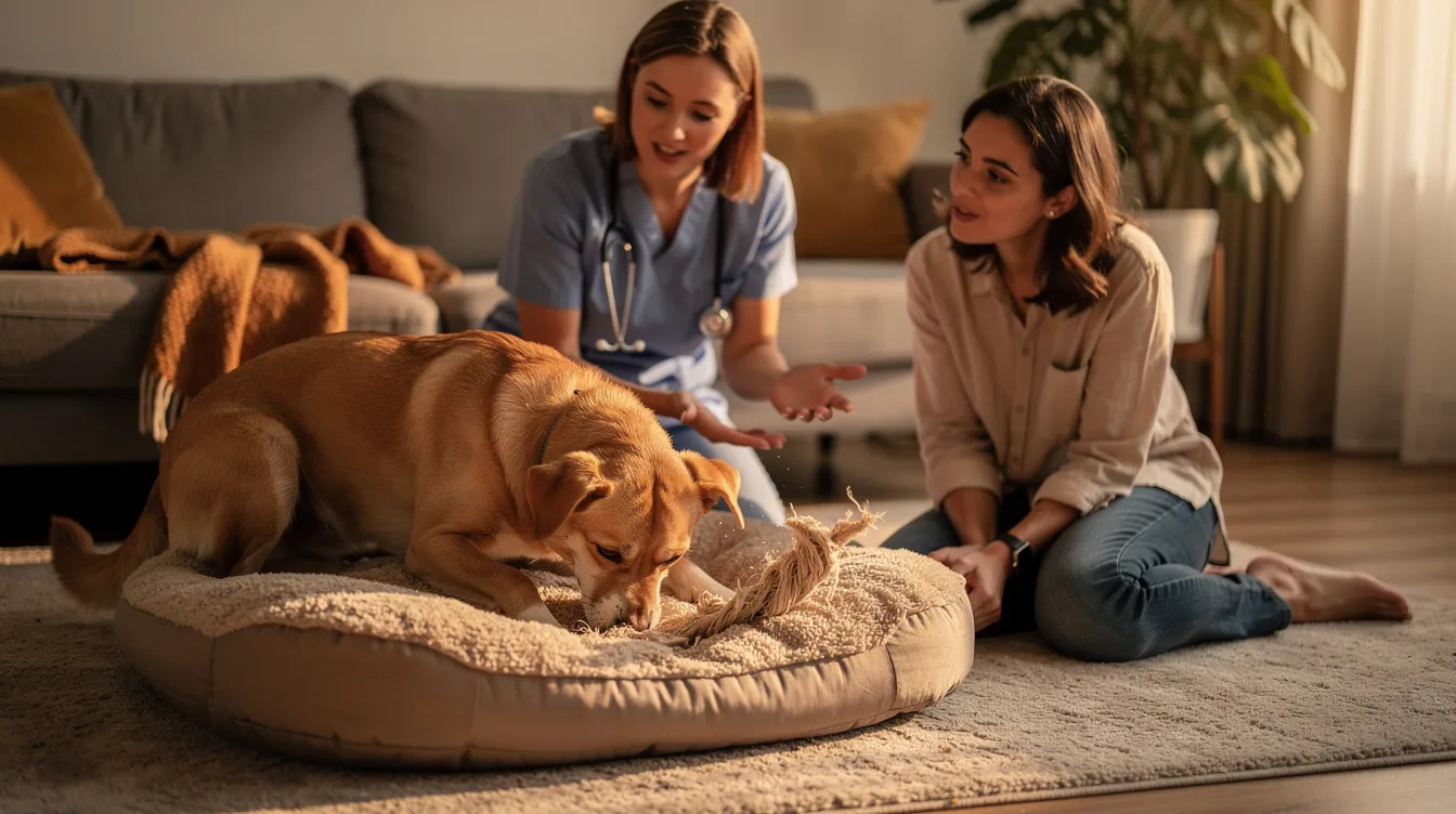 The image depicts a dog digging in its bed, displaying instinctual behavior reminiscent of its wild ancestors. The scene captures the dog's focus and determination as it creates a comfortable spot for resting, surrounded by soft pillows and blankets.