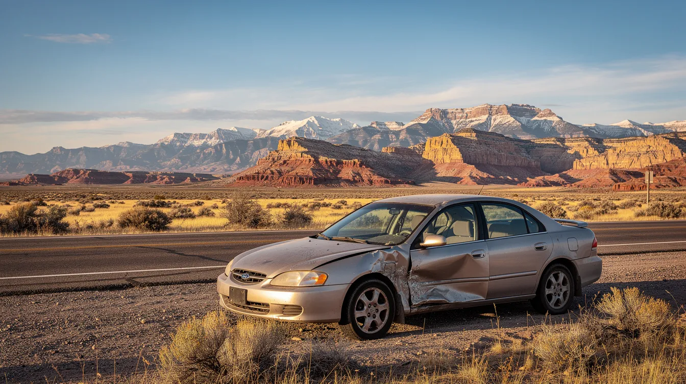 A damaged sedan sits on the side of a Utah highway, with majestic mountains in the background, illustrating the aftermath of a car accident. This scene highlights the challenges of determining the vehicle's actual cash value and whether the car is considered totaled, which insurance companies assess based on repair costs and fair market value.