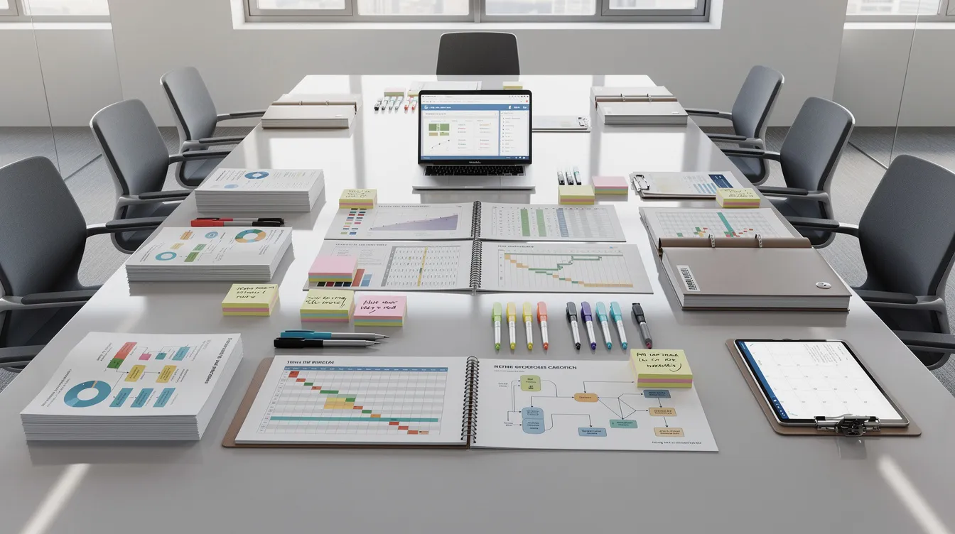 The image depicts a conference room table covered with neatly organized project documents and planning materials, showcasing the collaborative efforts of instructional designers in developing effective online courses and training programs. This setup highlights the focus on meeting learner needs and achieving business goals through structured instructional design processes. The image depicts a conference room table covered with neatly organized project documents and planning materials, showcasing the collaborative efforts of instructional designers in developing effective online courses and training programs. This setup highlights the focus on meeting learner needs and achieving business goals through structured instructional design processes.