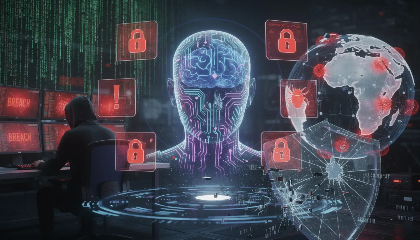 Das Bild zeigt eine grafische Darstellung der Sicherheitsrisiken, die mit dem Einsatz von Künstlicher Intelligenz (KI) in Schweizer KMU verbunden sind. Es werden verschiedene Aspekte wie Datenschutz, Effizienzsteigerung und die Herausforderungen bei der Implementierung von KI-Tools in Unternehmen thematisiert.