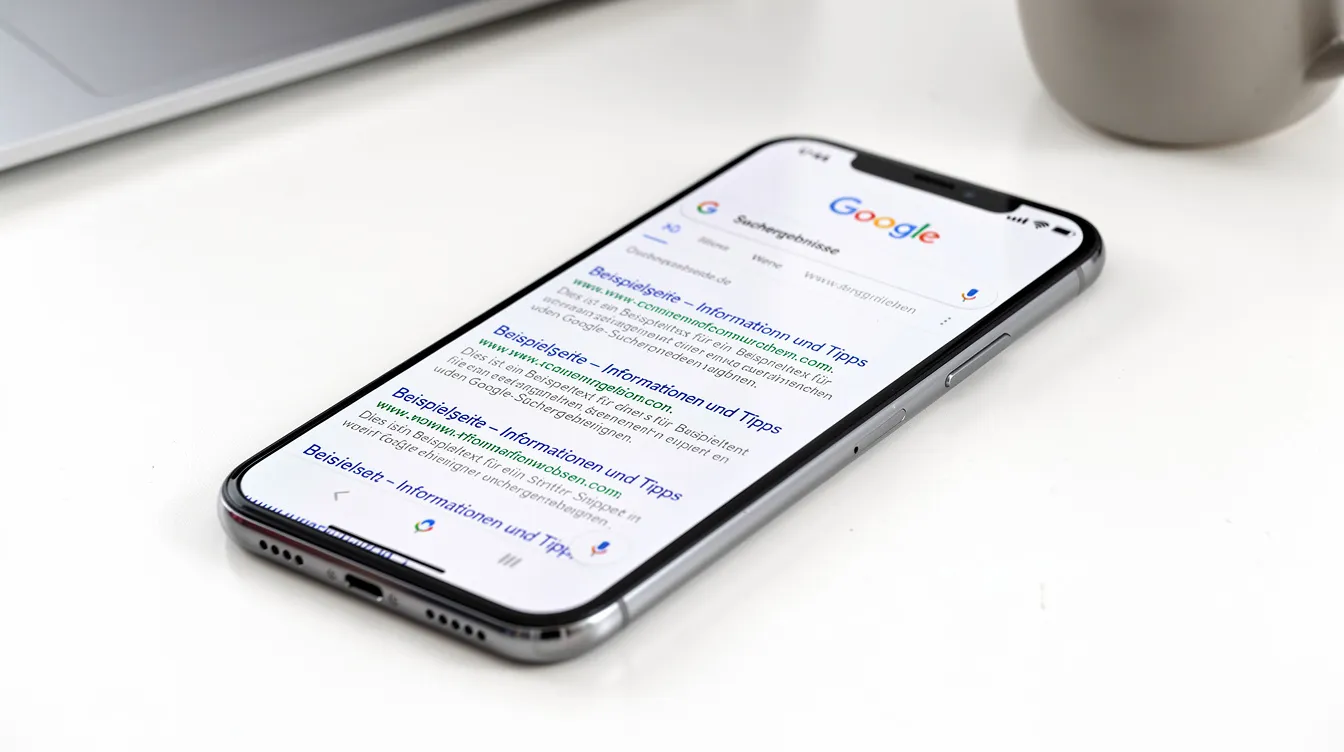Das Bild zeigt ein Smartphone, das eine Google-Suchergebnisseite anzeigt, auf der verschiedene Snippets, einschließlich Titel und Meta-Beschreibungen, zu sehen sind. Die Darstellung der Suchergebnisse verdeutlicht die Bedeutung von Snippet-Optimierung und Rich Snippets für die Sichtbarkeit einer Webseite in den Google-Suchergebnissen.