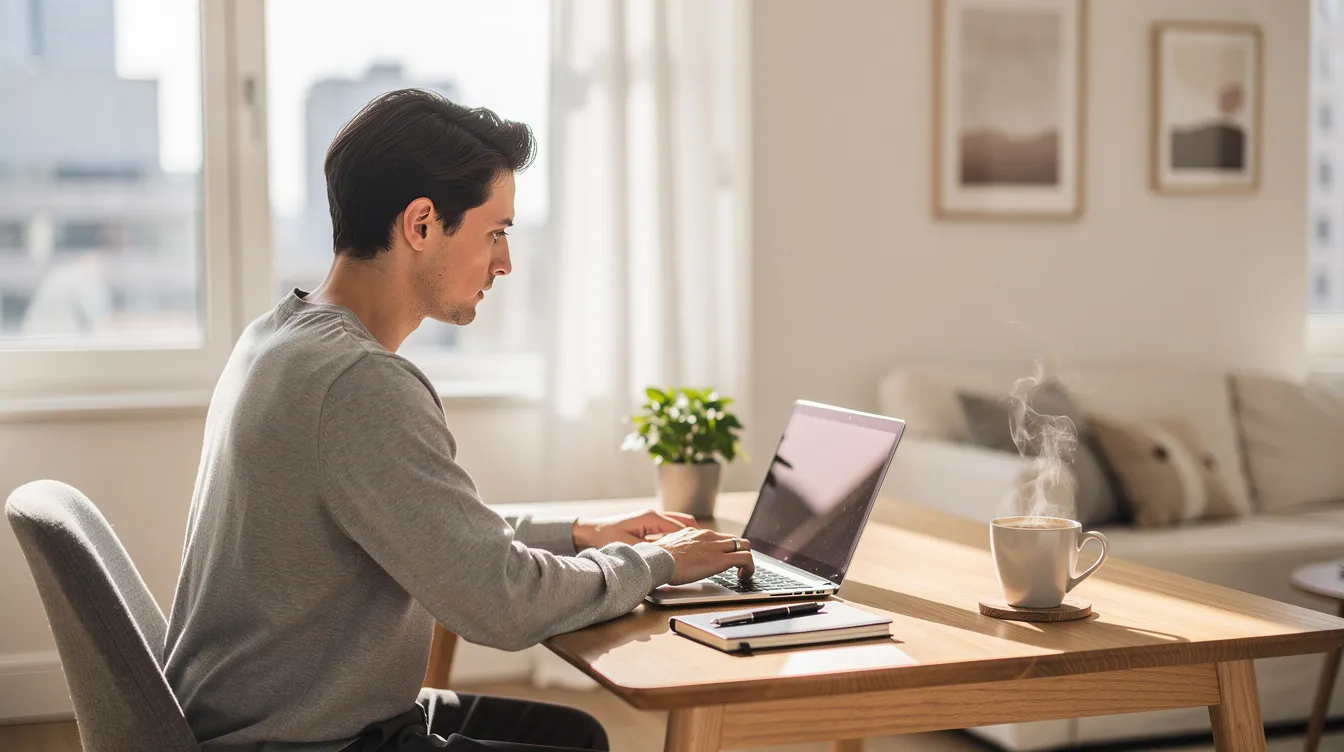 A professional is seated at a desk in a bright, fully furnished apartment, working on a laptop with a cup of coffee beside them. This comfortable living space is ideal for business travellers seeking corporate accommodation in prime locations, providing a perfect blend of productivity and relaxation.