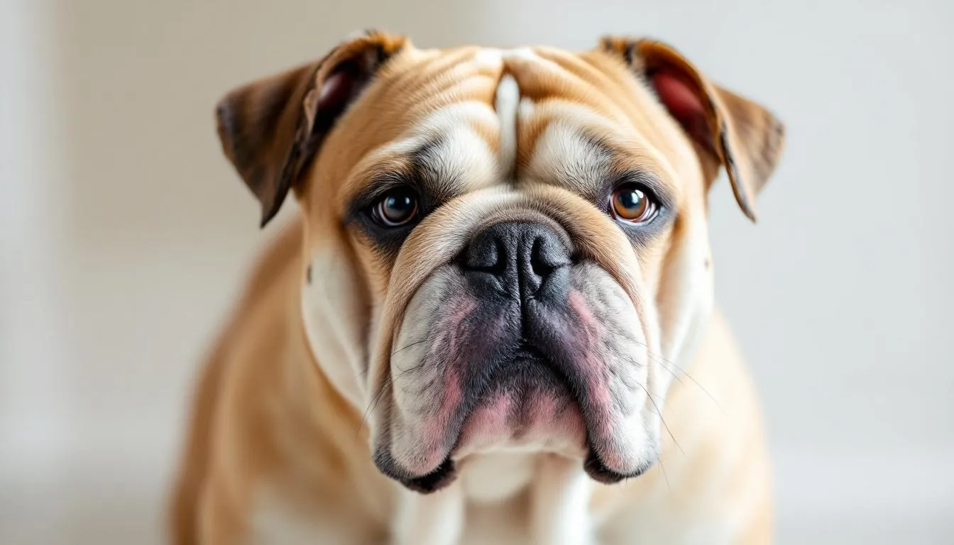 An English bulldog with a characteristic flat face displays typical brachycephalic features, which can sometimes lead to irregular or difficult breathing. This calm adult dog may occasionally experience hiccups, a perfectly normal response that can occur due to swallowing air while eating or drinking.