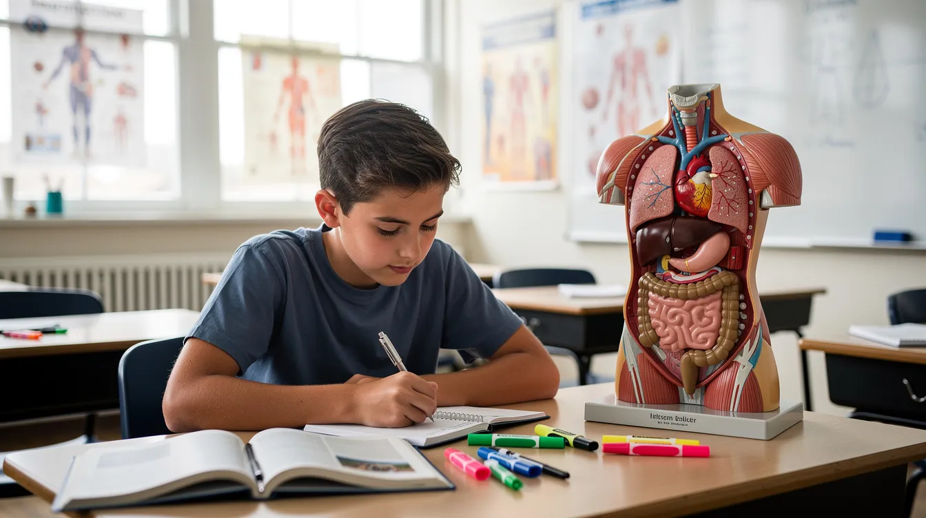 A student is focused on studying a plastic anatomical torso model in a classroom, using it as a practical tool to prepare for their upcoming exam. This hands-on approach helps them understand the human anatomy better as they practice for their course.