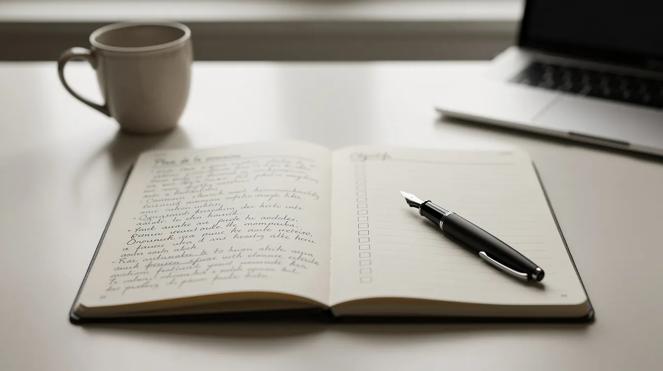 L'image montre un carnet ouvert avec un stylo reposant sur un bureau épuré, symbolisant la planification et la réflexion nécessaires pour un leader influent. Cet espace de travail évoque l'importance de l'organisation et de la prise de décision dans le management et le leadership.