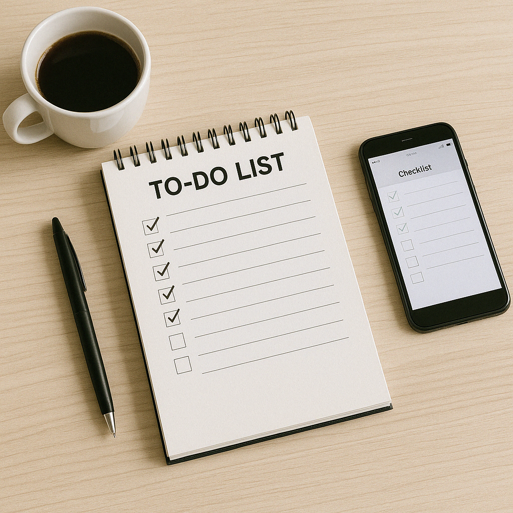 Overhead shot of a spiral notebook to do list and smartphone checklist on a wooden desk, highlighting daily tasks, time entry, billable hours, and tracking time.