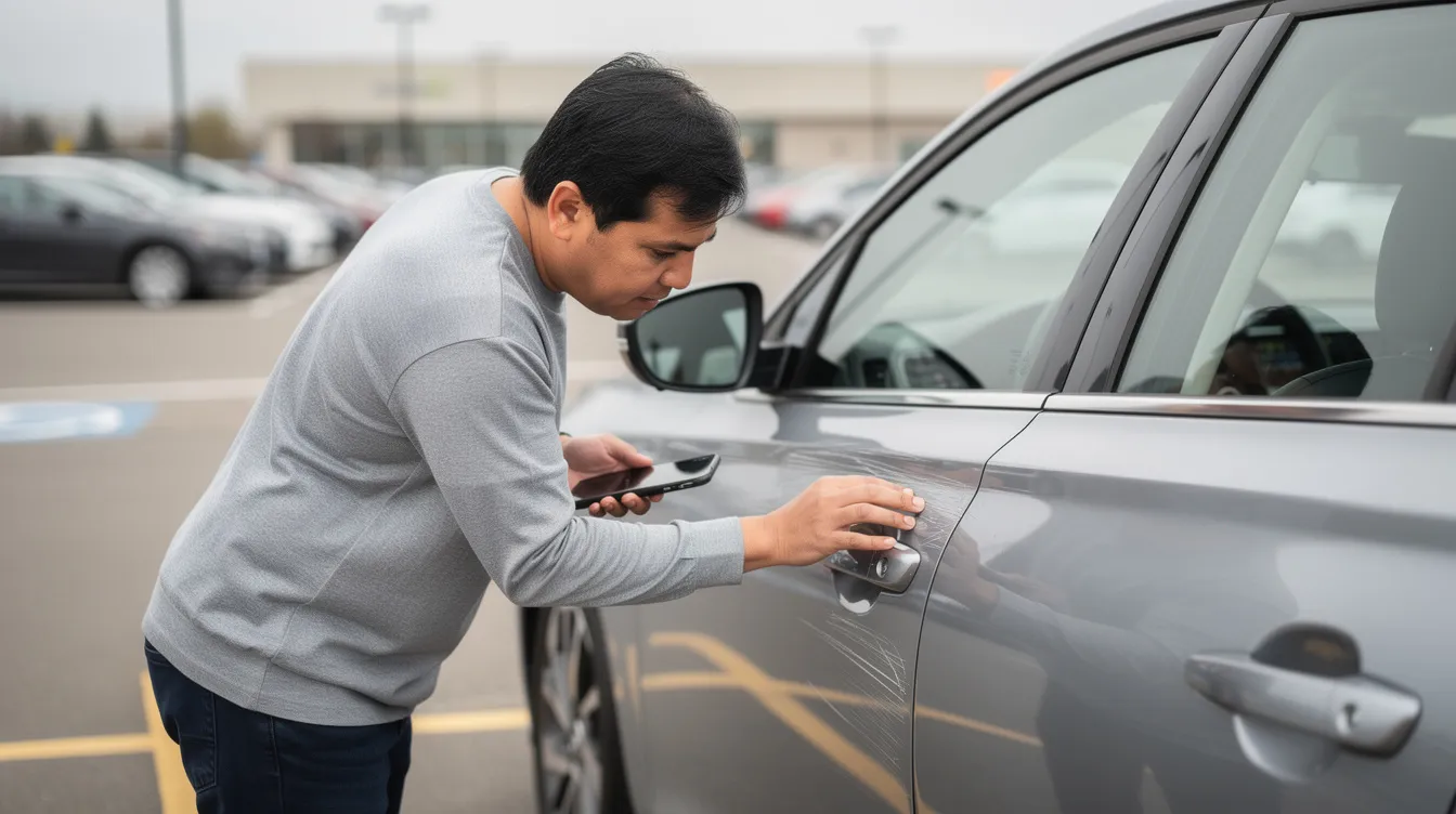 Une personne inspecte attentivement des rayures sur la porte d'une voiture de location dans un parking, sous la lumière naturelle du jour. Cette scène soulève des questions sur la nécessité d'une assurance pour la voiture de location et la couverture en cas de dommages.