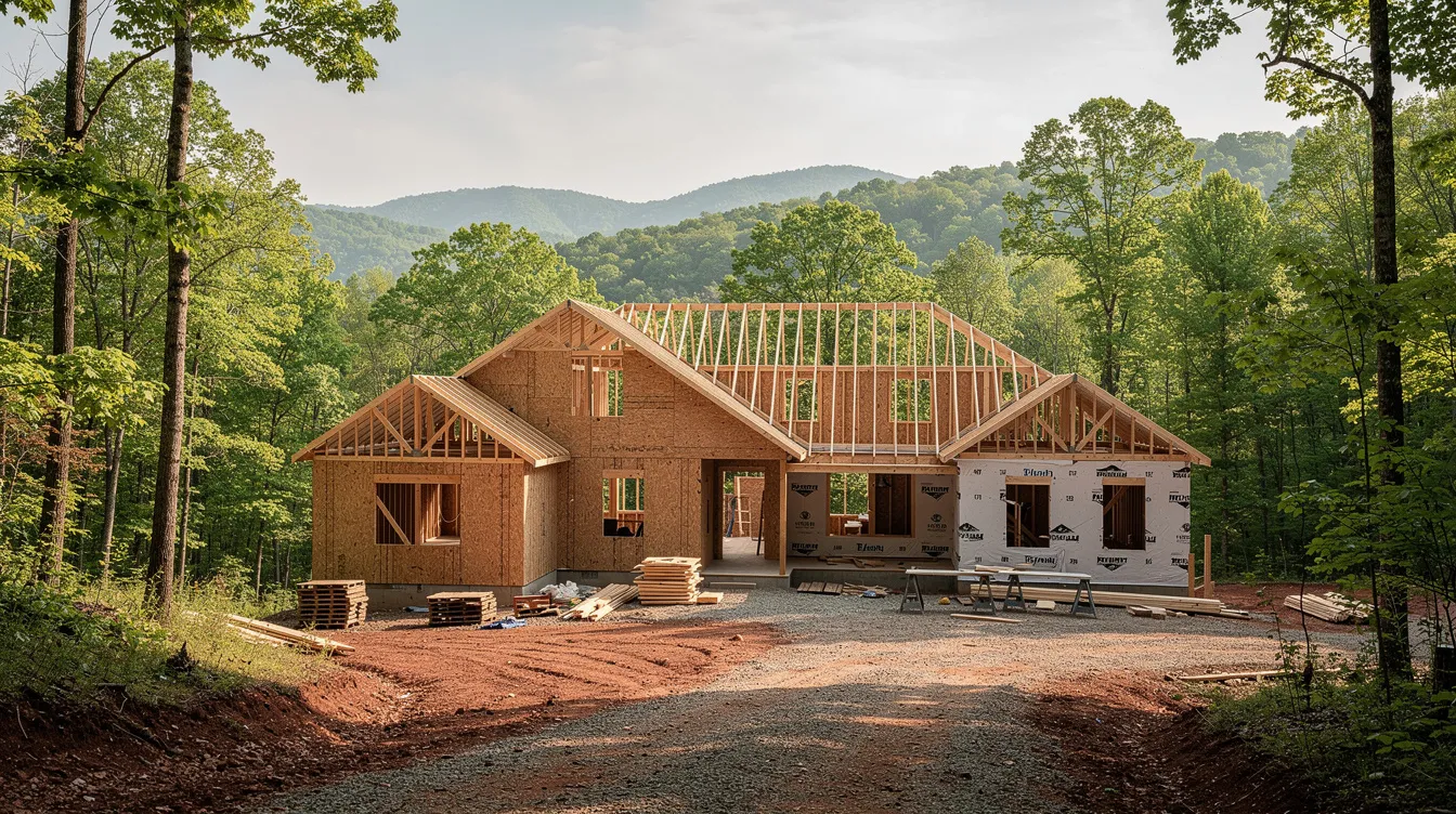 The image shows a partially completed residential home under construction, nestled in a wooded area of East Tennessee, highlighting the ongoing construction project. This setting may involve various construction claims and warranty disputes, as property owners seek legal guidance on issues such as implied warranties and construction defects.