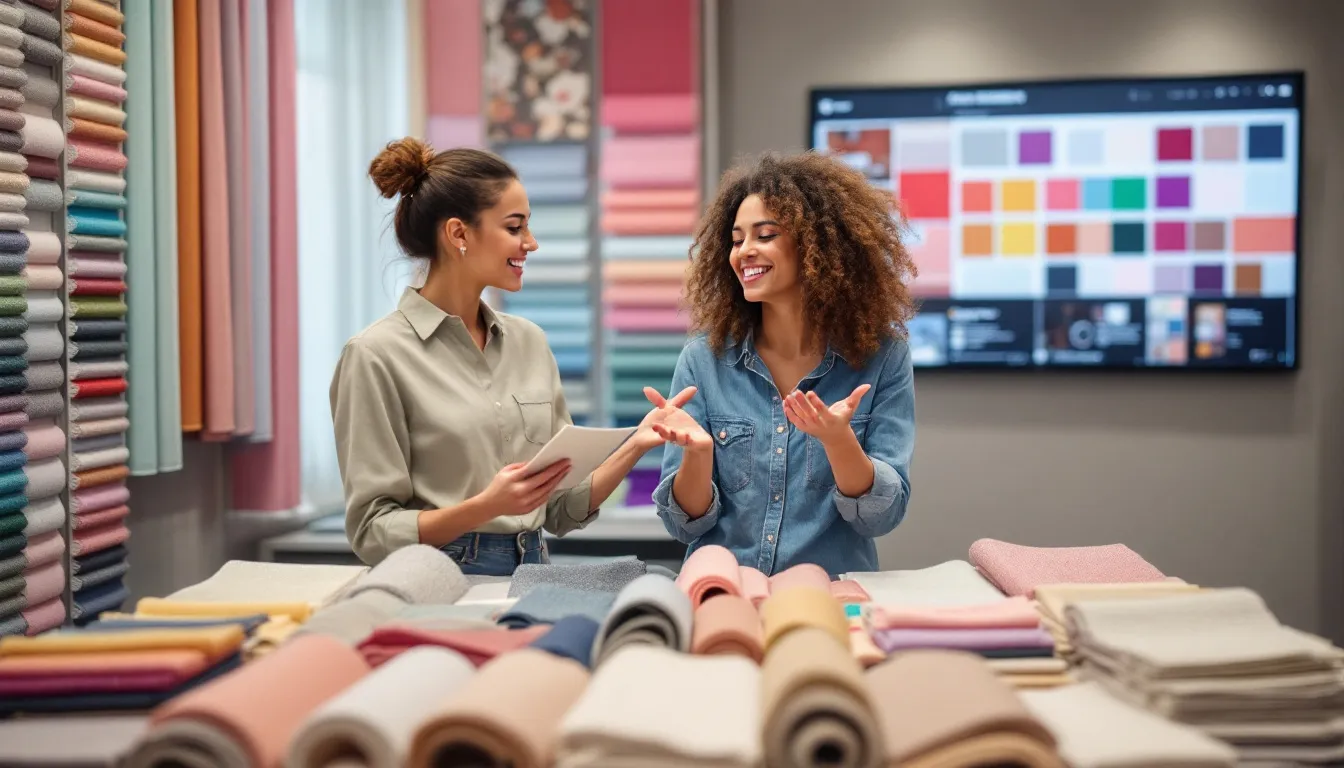 A shopper happily exploring free fabric samples for custom shades.
