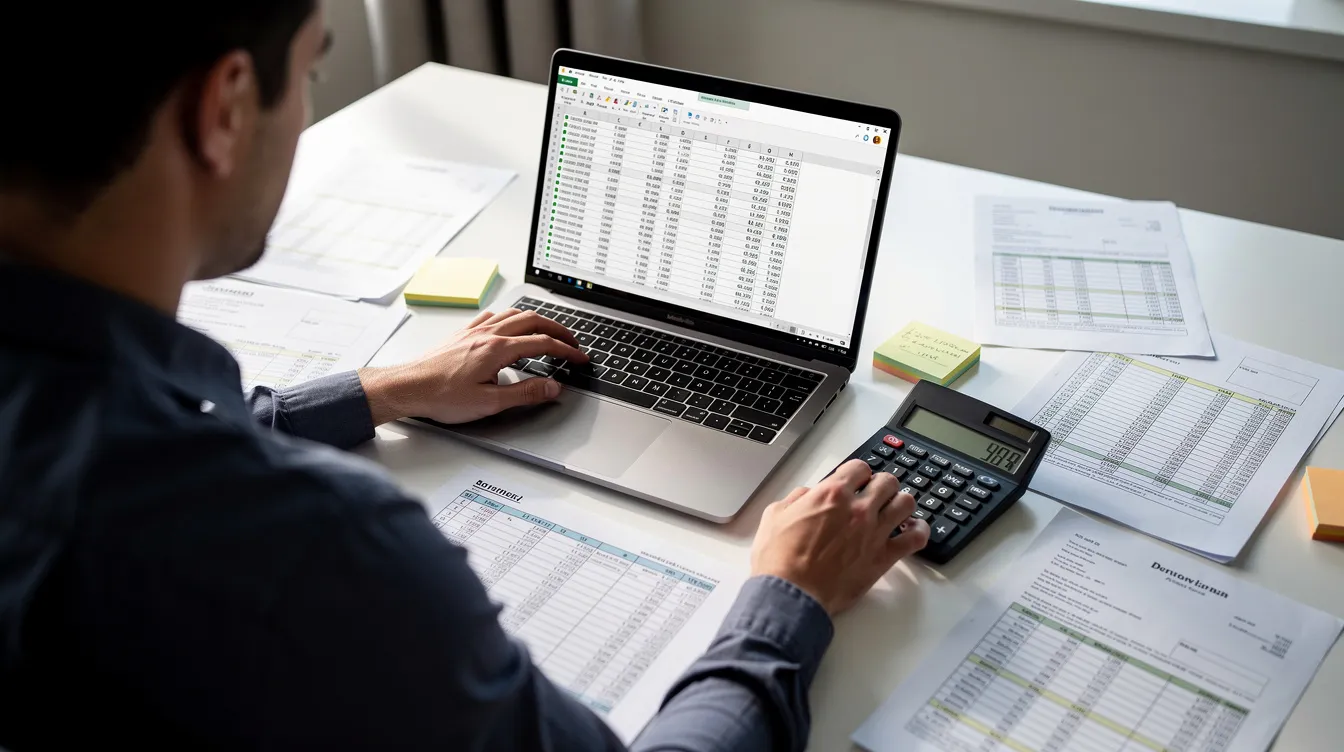 A person is sitting at a desk, focused on a laptop while using a calculator, surrounded by various financial documents. The scene suggests they are evaluating options for a home equity line of credit, possibly considering interest only payments and the implications of their current financial situation.