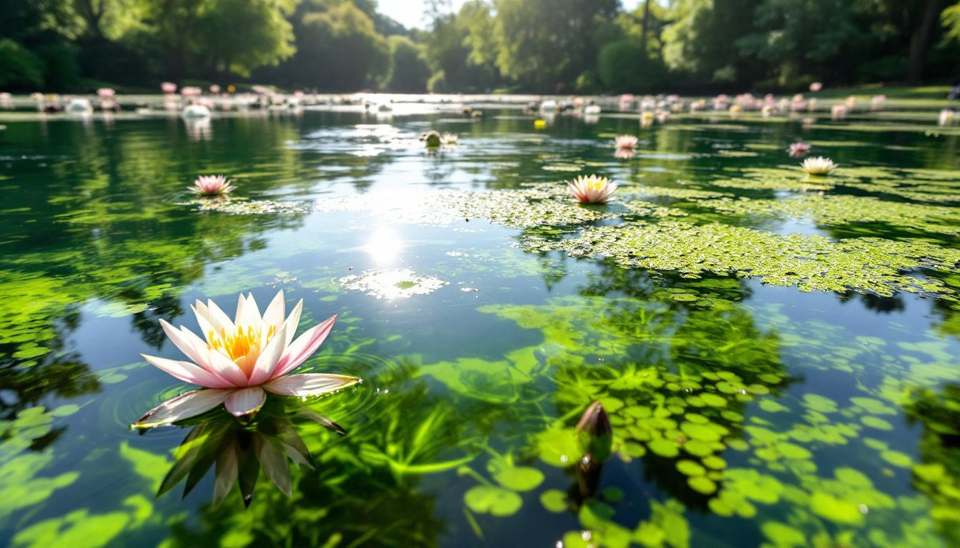 An overview of a pond with algae growth and efforts to maintain water quality.