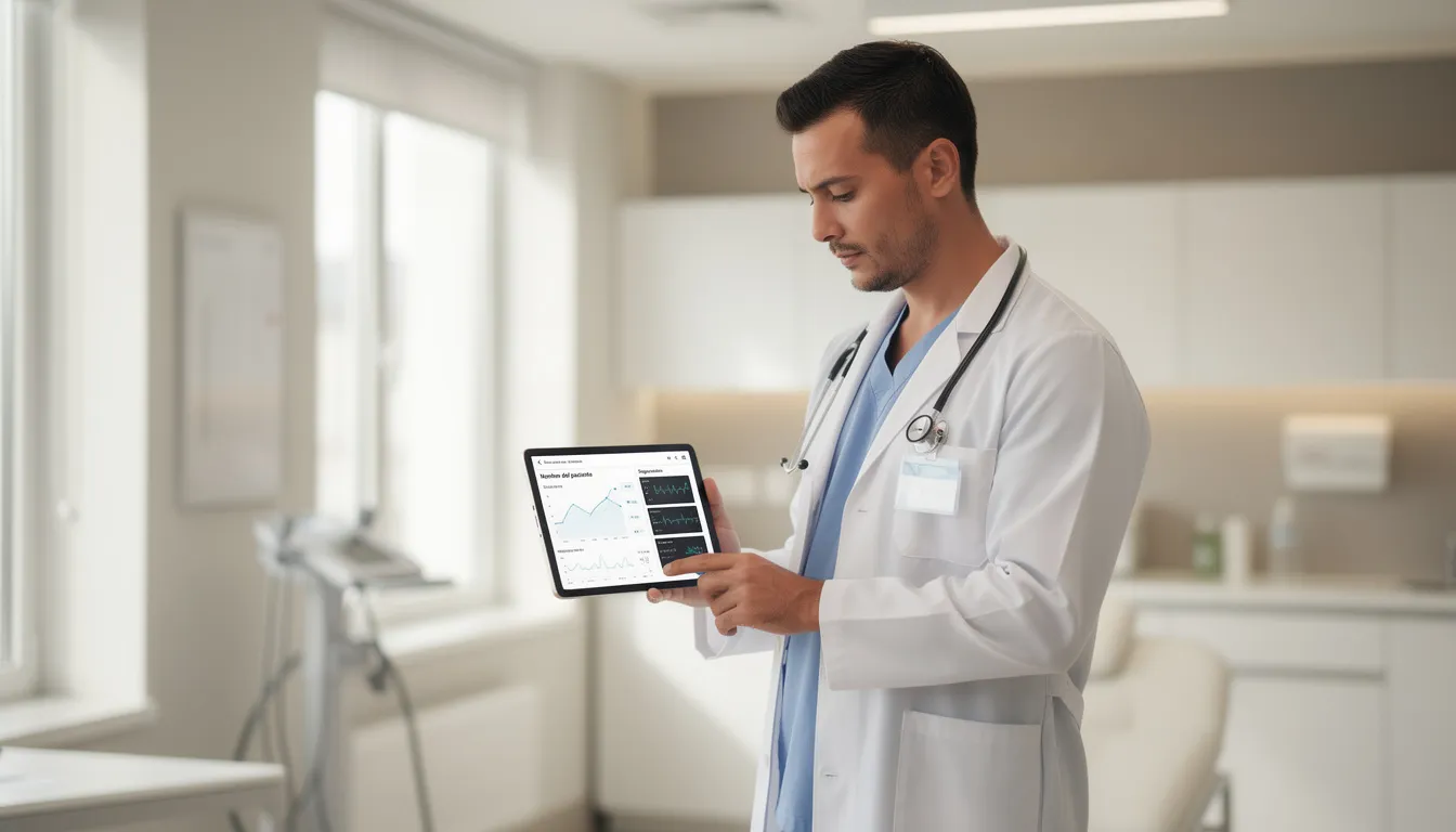 Un profesional de la salud está revisando una tablet en una clínica moderna, utilizando el dispositivo para gestionar citas y enviar recordatorios a los pacientes sobre su consulta. La escena refleja un ambiente tecnológico y eficiente en la atención médica.